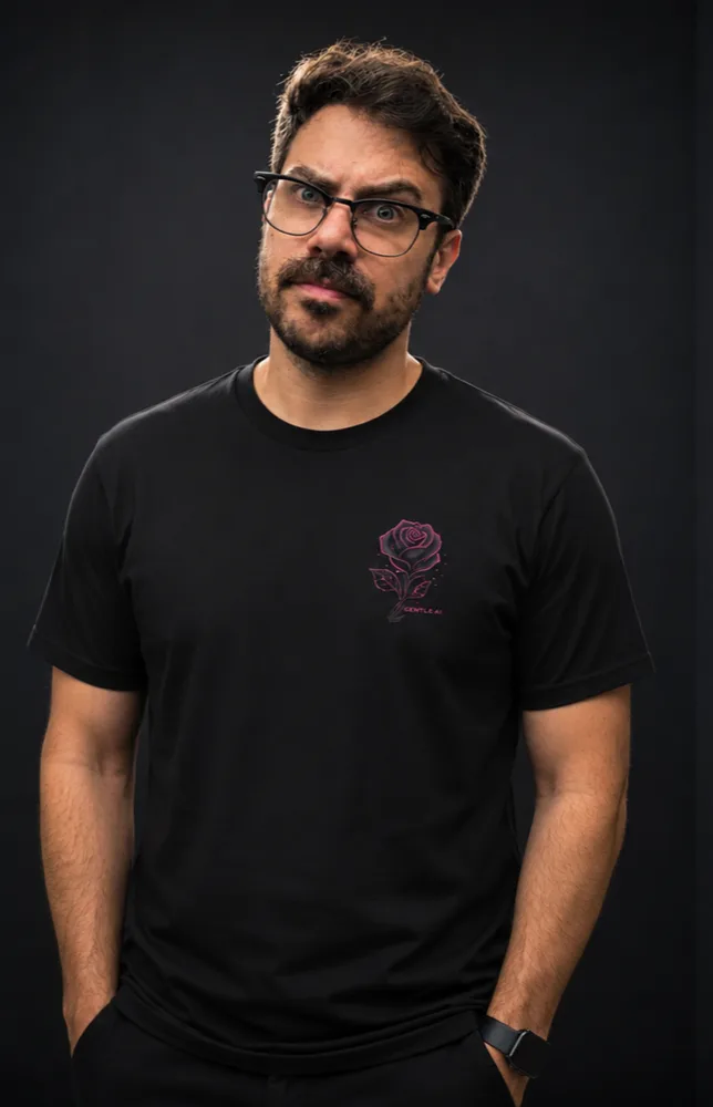 Alan Buscaglia wearing the Gentle-AI rose t-shirt